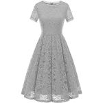 Silberne Blumenmuster Vintage Kurzärmelige Dresstells Midi Abendkleider A-Linie aus Spitze für Damen Größe 3 XL für den für den Sommer 