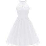 Weiße Elegante Dressystar Midi Schulterfreie Cocktailkleider Neckholder mit Reißverschluss aus Tüll für Damen Größe L für die Braut 
