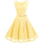 Gelbe Blumenmuster Vintage Dressystar Midi V-Ausschnitt Kurze Abendkleider mit Reißverschluss aus Spitze für Damen Übergrößen für Partys 