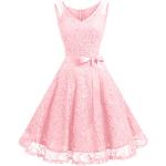 Reduzierte Rosa Blumenmuster Vintage Dressystar Midi V-Ausschnitt Kurze Abendkleider mit Reißverschluss aus Spitze für Damen Größe L für Partys 