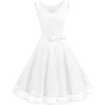 Reduzierte Weiße Blumenmuster Vintage Dressystar Midi V-Ausschnitt Kurze Abendkleider mit Reißverschluss aus Spitze für Damen Größe M für Partys 