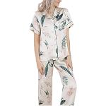 E-girl Damen Beige Blumen 100% Seide Pyjama-Set Oberteil und Capri-Hose Schlafanzug Kurzarm 19 Momme Seidenpyjama,XL,T8247