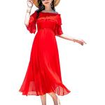 E-girl Damen Rot Seiden Kleid Kurzarm Trägerlos Solide 100% Seiden Langes Seiden Kleid,E1969,M