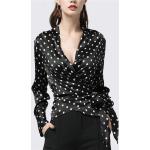 Schwarze Gepunktete Langärmelige V-Ausschnitt Festliche Blusen aus Seide für Damen Größe 4 XL für Partys 