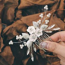 Edary Haarschmuck für die Braut, Blumen-Haarkämme, Silber, Strass, Kopfschmuck, Perlen, Blatt, für Damen und Mädchen
