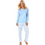 Edler Damen Schlafanzug Langarm Pyjama mit Karierter Hose aus Jersey - auch in Übergrössen, Farbe:hellblau, Größe:46