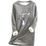Dunkelgraue Motiv Oversize Langärmelige Katzen-Shirts mit Katzenmotiv aus Fleece für Damen Größe 3 XL für den für den Winter 