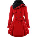 Rote Leo-Look Casual Maxi Trenchcoats lang mit Gürtel aus Wolle mit Pelzkragen für Damen Größe XL für den für den Winter 