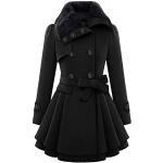 Schwarze Casual Trenchcoats lang mit Gürtel aus Wolle mit Pelzkragen für Damen Übergrößen für den für den Winter 
