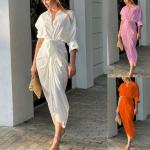 Rosa Unifarbene Casual Langärmelige Midi Freizeitkleider aus Polyester Handwäsche für Damen Größe XL für den für den Sommer 
