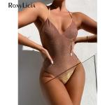 Violette V-Ausschnitt Badeanzüge mit hohem Beinausschnitt mit Glitzer für Damen Übergrößen 1-teilig 