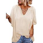 Reduzierte Beige Unifarbene Elegante Kurzärmelige V-Ausschnitt Tunika-Blusen mit Rüschen aus Chiffon für Damen Größe XXL für den für den Sommer 