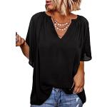 Reduzierte Schwarze Unifarbene Elegante Kurzärmelige V-Ausschnitt Tunika-Blusen mit Rüschen aus Chiffon für Damen Größe M für den für den Sommer 