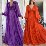 Violette Elegante Maxi V-Ausschnitt Lange Abendkleider aus Mesh für Damen Übergrößen für die Braut 