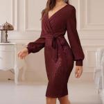 Elegante Langärmelige Maxi V-Ausschnitt Lange Abendkleider aus Polyester enganliegend für Damen Übergrößen für Partys für den für den Herbst 