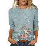 Hellblaue Vintage 3/4-ärmelige Rundhals-Ausschnitt T-Shirts mit Glitzer aus Spitze für Damen Größe M Große Größen für den für den Sommer 