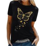 Schwarze Bestickte Casual Kurzärmelige Henleykragen T-Shirts mit Insekten-Motiv mit Knopf aus Chiffon für Damen Übergrößen für den für den Sommer 