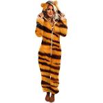 Goldene Animal-Print Elegante Pyjamas lang mit Leopard-Motiv mit Reißverschluss aus Fleece mit Kapuze für Damen Größe L für den für den Winter 