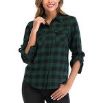 Grüne Karo Langärmelige V-Ausschnitt Karierte Blusen aus Flanell für Damen Größe L zum Oktoberfest für den für den Sommer 