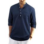 Reduzierte Marineblaue Unifarbene Langärmelige Henleykragen Herrenjeanshemden mit Knopf aus Leinen Größe 3 XL für den für den Sommer 