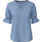 Hellblaue Halblangärmelige Bio V-Ausschnitt Blusenshirts & Schlusen für Damen Größe S 
