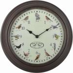 Esschert Design Uhr mit Vogelgezwitscher, aus Kunststoff, mit verschiedenen Vogelmotiven, 30,1 x 4,5 x 30,1 cm, Gartenuhr