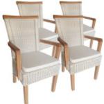 Esszimmer Stühle Set mit Armlehnen 4 Stück Rattanstühle Stuhl weiß Perth : mit Sitzkissen Leinen weiss 4251633125769