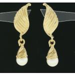 Goldene Vintage Runde Schmetterling Ohrringe mit Insekten-Motiv aus Gelbgold mit Echte Perle 