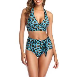 Estink Estink Damen Badeanzug mit Leopardenmuster Cut Out Zweiteiliger Badeanzug Swimsuit(S-Blau)
