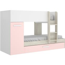 Etagenbett Ausziehbett mit Stauraum - 3x 90 x 190 cm - Weiß, Naturfarben & Rosa - ANTHONY