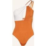 Reduzierte Cremefarbene One Shoulder Badeanzüge mit hohem Beinausschnitt mit Cutwork aus Polyamid ohne Bügel für Damen Größe XS 