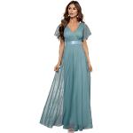 Reduzierte Himmelblaue Elegante Langärmelige Maxi Lange Abendkleider mit Reißverschluss aus Tüll für Damen Übergrößen 