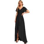 Reduzierte Schwarze Elegante Kurzärmelige Maxi V-Ausschnitt Abendkleider rückenfrei aus Chiffon für Damen Größe L für Brautjungfern für den für den Sommer 