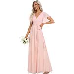 Rosa Elegante Kurzärmelige Maxi V-Ausschnitt Lange Abendkleider aus Chiffon für Damen Größe M für Brautjungfern 