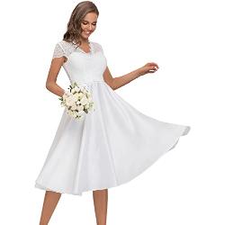 Ever-Pretty Damen Elegant Spitze A-Linie Empire-Taille Knielang Hochzeitskleider für Brautjungfern Weiß 50EU