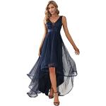 Reduzierte Marineblaue Ärmellose Maxi V-Ausschnitt Lange Abendkleider mit Puffärmeln mit Reißverschluss aus Tüll für Damen Größe L 