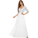 Weiße Elegante Langärmelige Maxi V-Ausschnitt Lange Abendkleider mit Pailletten mit Reißverschluss aus Chiffon für Damen Größe M für Zeremonien 