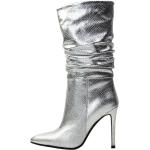 Silberne Spitze Pfennigabsatz High-Heel Stiefel mit Reißverschluss aus Textil für Damen Größe 38 