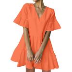 Orange Elegante Kurzärmelige Mini V-Ausschnitt Shiftkleider mit Rüschen aus Baumwollmischung für Damen Größe M für den für den Sommer 