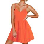Orange Ärmellose Midi V-Ausschnitt Kurze Abendkleider mit Meer-Motiv mit Rüschen für Damen Größe XS für Partys für den für den Sommer 