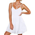 Weiße Ärmellose Midi V-Ausschnitt Spaghettiträger-Kleider mit Meer-Motiv mit Rüschen für Damen Größe XL für Partys für den für den Sommer 