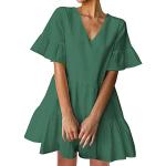 Grüne Elegante Kurzärmelige Mini V-Ausschnitt Sommerkleider mit Volants aus Baumwollmischung für Damen Größe L für den für den Sommer 