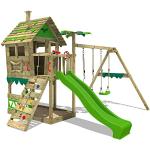 Fatmoose Spielturm Klettergerüst JungleJumbo Joy mit Schaukel & apfelgrüner Rutsche, Outdoor Kinder Kletterturm mit Sandkasten Leiter & Spiel-Zubehör für den Garten