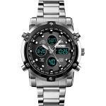 FeiWen Fashion Herren Multifunktional Edelstahl Digital Uhren LED Analog Quarz DREI Zeit Casual Sport Armbanduhren Beleuchtung Alarm Countdown (Silber Schwarz)
