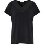 Schwarze Unifarbene Kurzärmelige V-Ausschnitt T-Shirts aus Spitze für Damen Größe M 