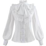 Weiße Elegante Langärmelige Stehkragen Festliche Blusen mit Rüschen mit Knopf aus Chiffon Handwäsche für Damen Größe XXL 