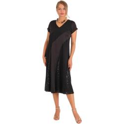 Fierte Damen-Kleid in Übergröße Lm84440, V-Ausschnitt, Pailletten-Satin-Kombination
