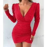 Rote Elegante Langärmelige SheIn Bandage-Kleider & Bodycon-Kleider mit Rüschen enganliegend für Damen Größe L 