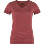 Rote Gestreifte Kurzärmelige Fjällräven Abisko Bio Nachhaltige V-Ausschnitt T-Shirts für Damen Größe XL 