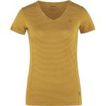 Gelbe Gestreifte Kurzärmelige Bio V-Ausschnitt T-Shirts für Damen Größe M 